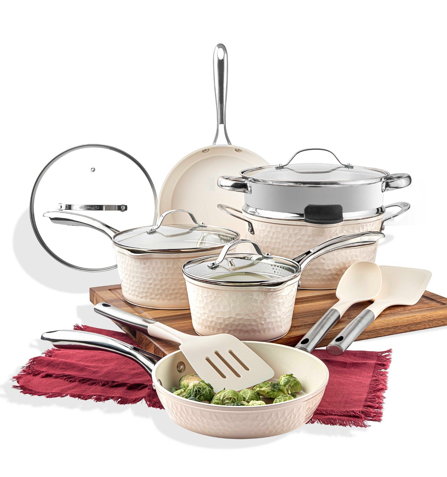 Gotham Steel Hammered Cream 15 Piece Ceramic Nonstick Cookware Set with Utensils