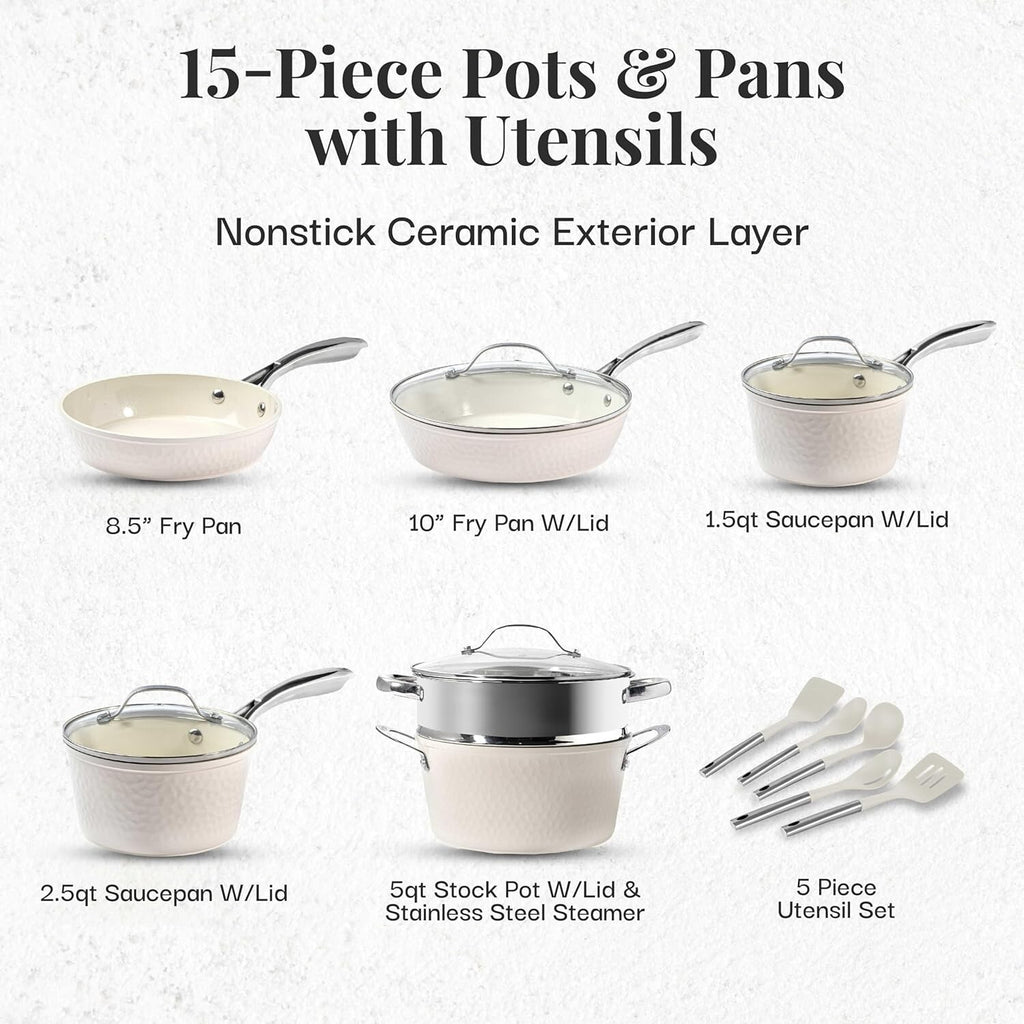 Gotham Steel Hammered Cream 15 Piece Ceramic Nonstick Cookware Set with Utensils