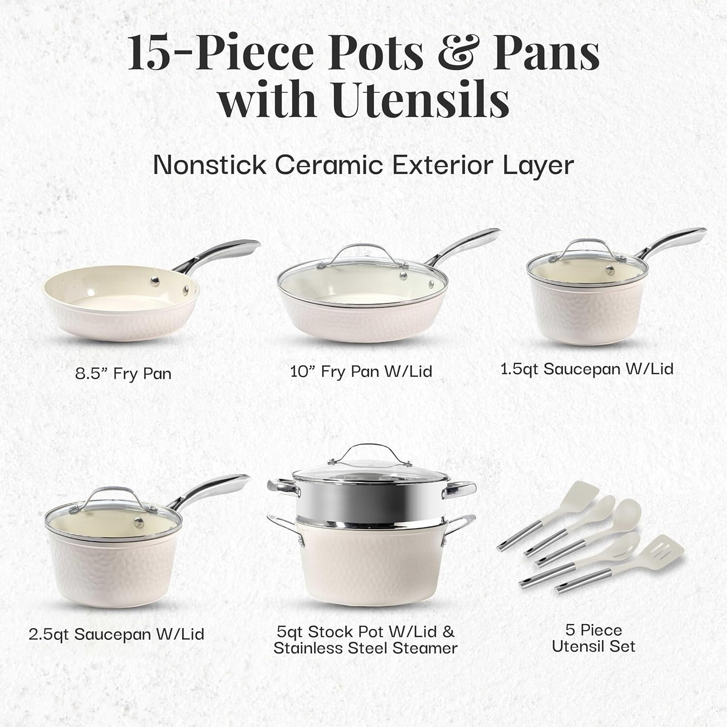 Gotham Steel Hammered Cream 15 Piece Ceramic Nonstick Cookware Set with Utensils