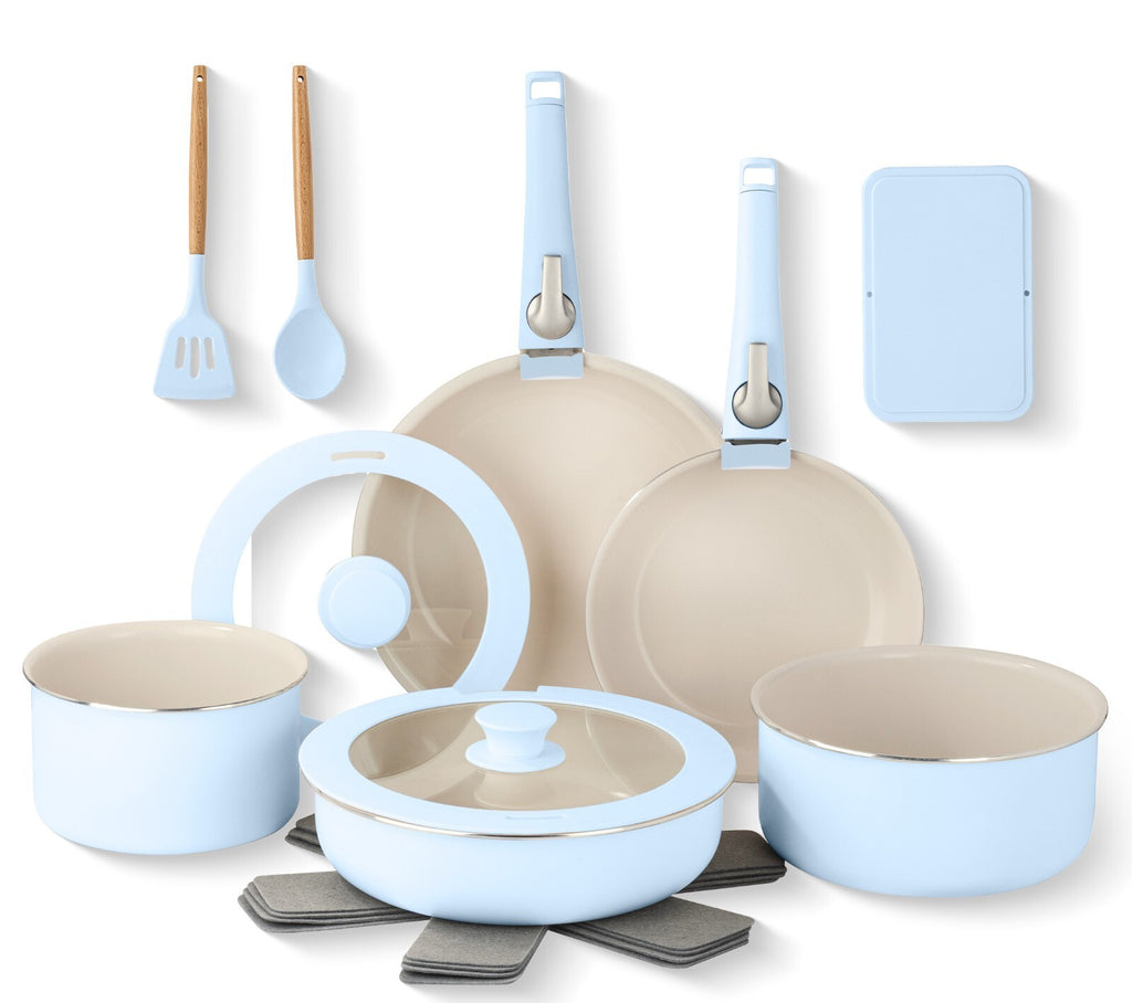 Steel 18 Piece Removeable Handles Nonstick Ceramic Cookware Set