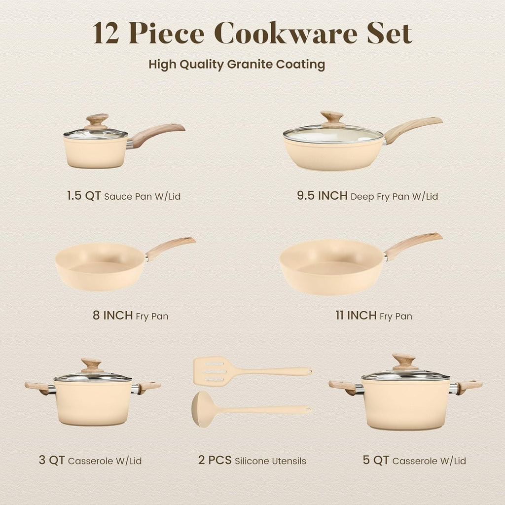 12Piece Pots and Pans Set Nonstick Induction Cookware Set Granite Coated Pot Set