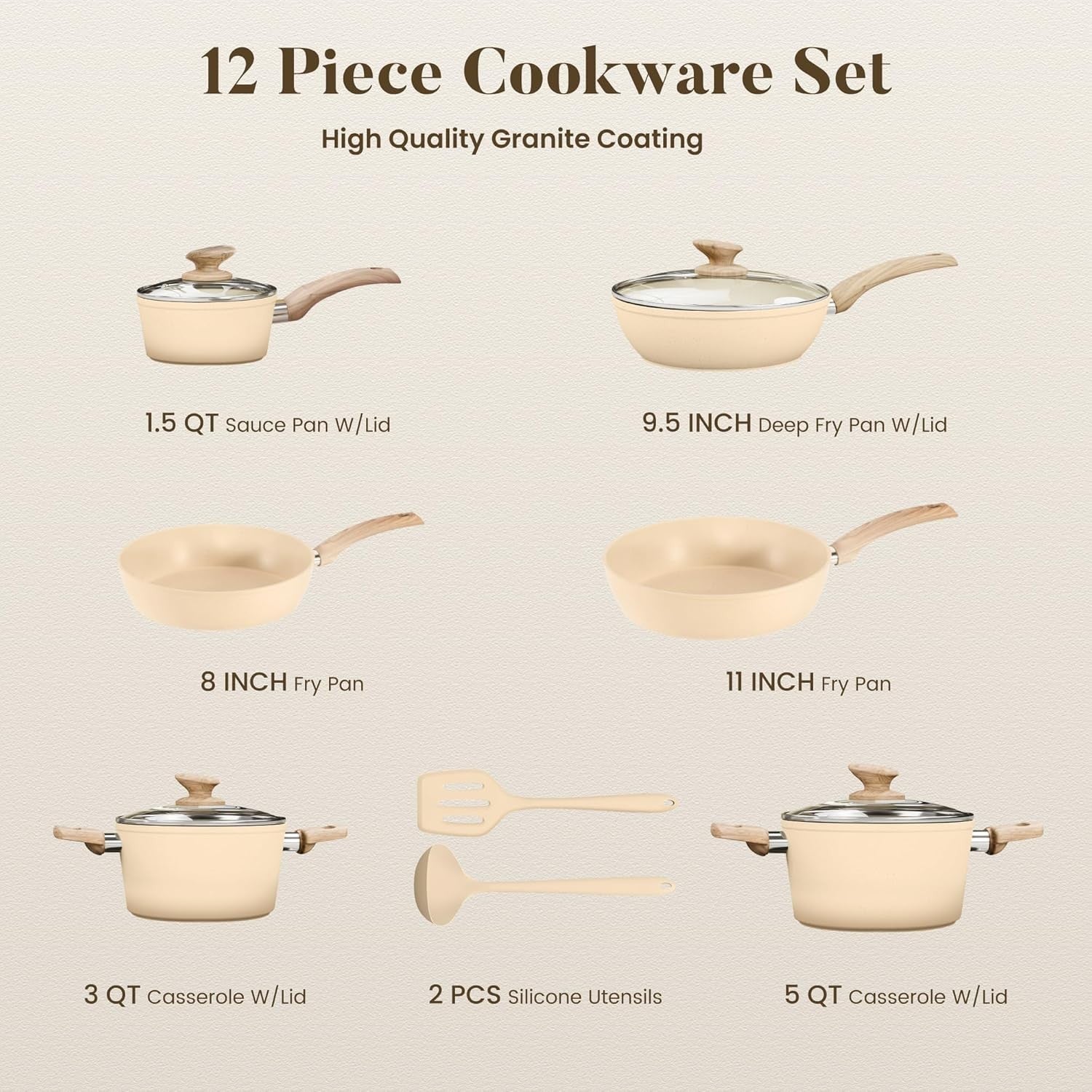 12Piece Pots and Pans Set Nonstick Induction Cookware Set Granite Coated Pot Set