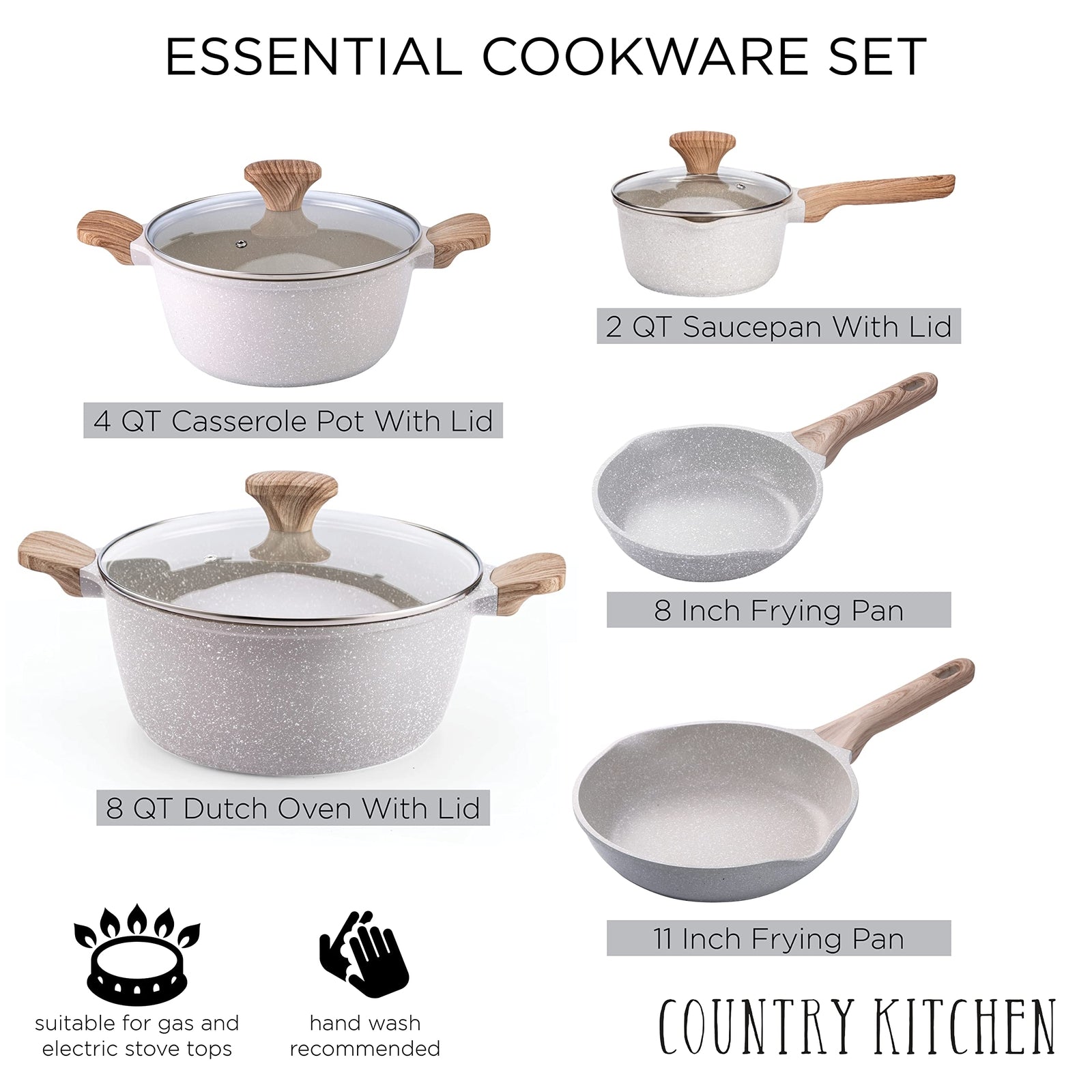 Country Kitchen Non-Stick Cast Aluminum Cookware Set - Durable Kitchen Cookwa...